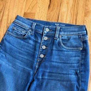 7 For All Mankind High-Rise Button-Fly Ankle Blue Jeans, Size 28